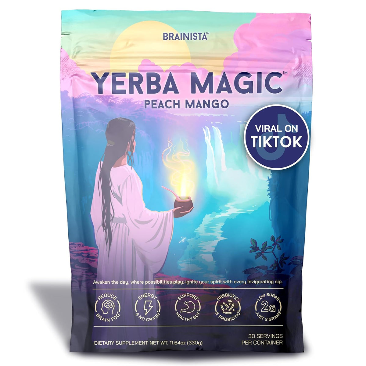Yerba Mate Instant Tea Powder, 3-in-1 Super Drink - Clean Energy, Brain Fog Buster, and Gut Health Powered by Nootropics, Prebiotics and Probiotics | Yerba Magic Peach Mango 30 Servings