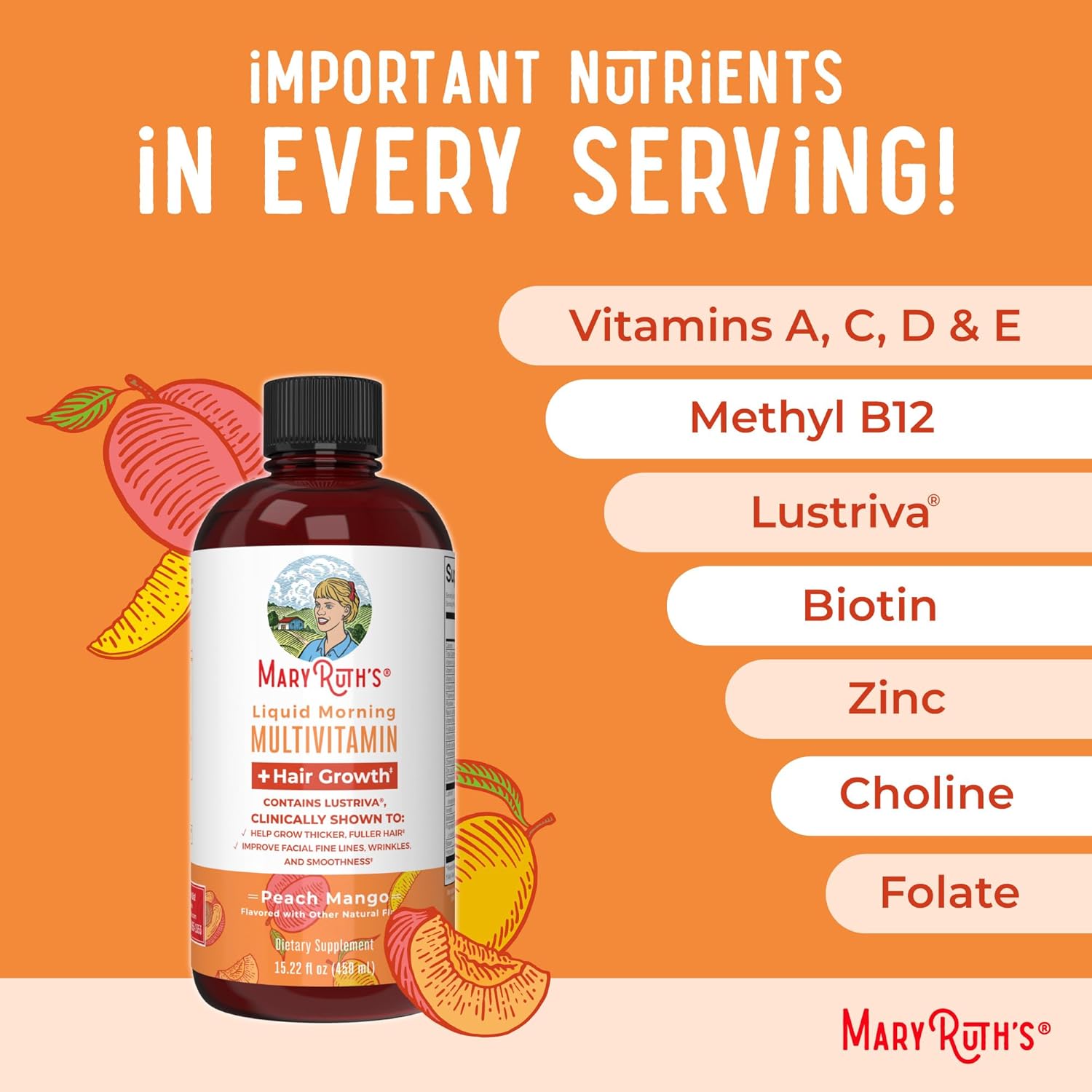MaryRuth's Liquid Multivitamin + Hair Growth | Biotin 10000mcg | Lustriva Hair Growth Supplement | Clinically Tested in Women for Thicker Hair & Facial Wrinkle | Skin Care | Ages 18+ | 15.22 Fl Oz
