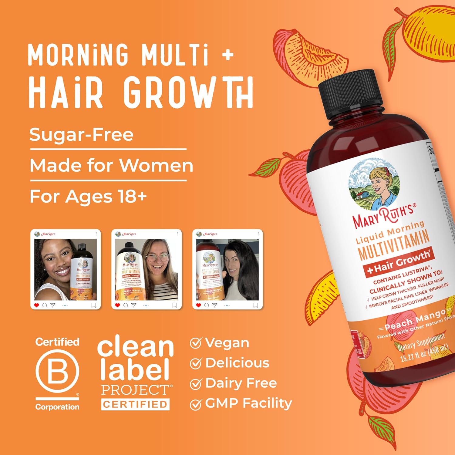 MaryRuth's Liquid Multivitamin + Hair Growth | Biotin 10000mcg | Lustriva Hair Growth Supplement | Clinically Tested in Women for Thicker Hair & Facial Wrinkle | Skin Care | Ages 18+ | 15.22 Fl Oz