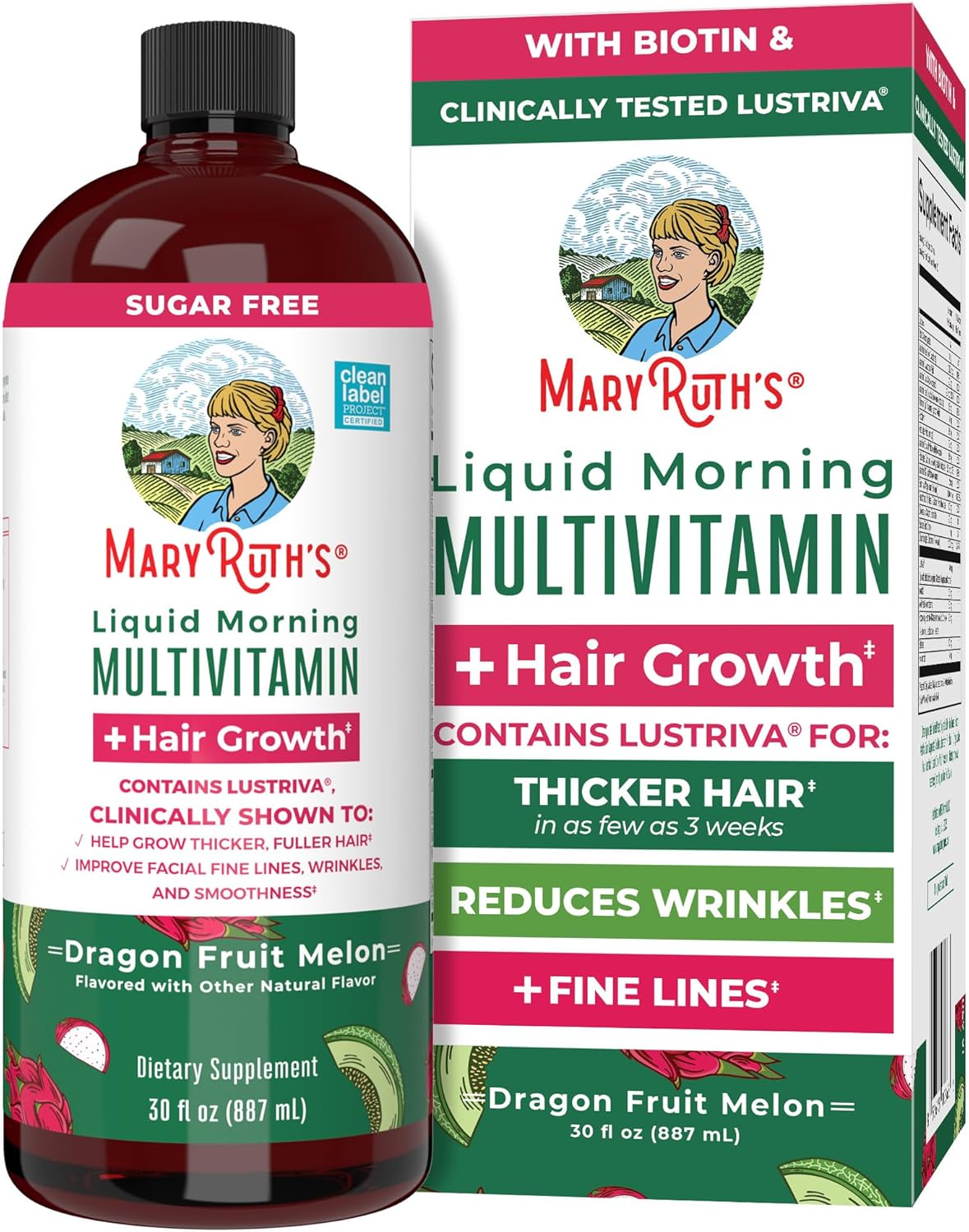 MaryRuth's Liquid Multivitamin + Hair Growth | Biotin 10000mcg | Lustriva Hair Growth Supplement | Clinically Tested in Women for Thicker Hair & Facial Wrinkle | Skin Care | Ages 18+ | 15.22 Fl Oz