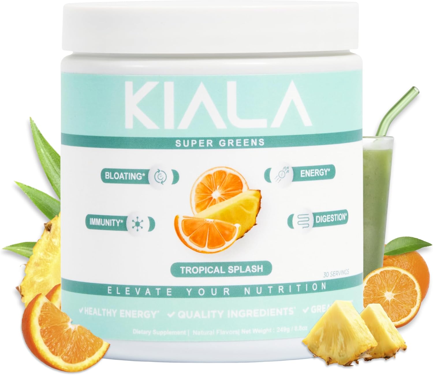 Kiala Nutrition Super Greens, Organic Greens Powder with Spirulina & Chlorella for Digestion, Gut Health, Immunity & Energy, Gluten Free, Vegan, Daily Support for Women, Tropical Splash, 30 Servings
