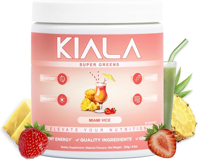 Kiala Nutrition Super Greens, Organic Greens Powder with Spirulina & Chlorella for Digestion, Gut Health, Immunity & Energy, Gluten Free, Vegan, Daily Support for Women, Tropical Splash, 30 Servings