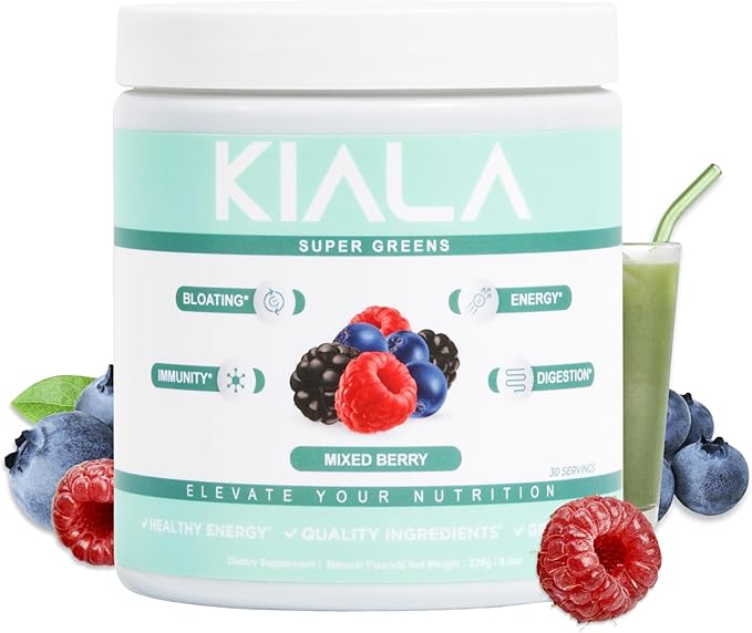 Kiala Nutrition Super Greens, Organic Greens Powder with Spirulina & Chlorella for Digestion, Gut Health, Immunity & Energy, Gluten Free, Vegan, Daily Support for Women, Tropical Splash, 30 Servings
